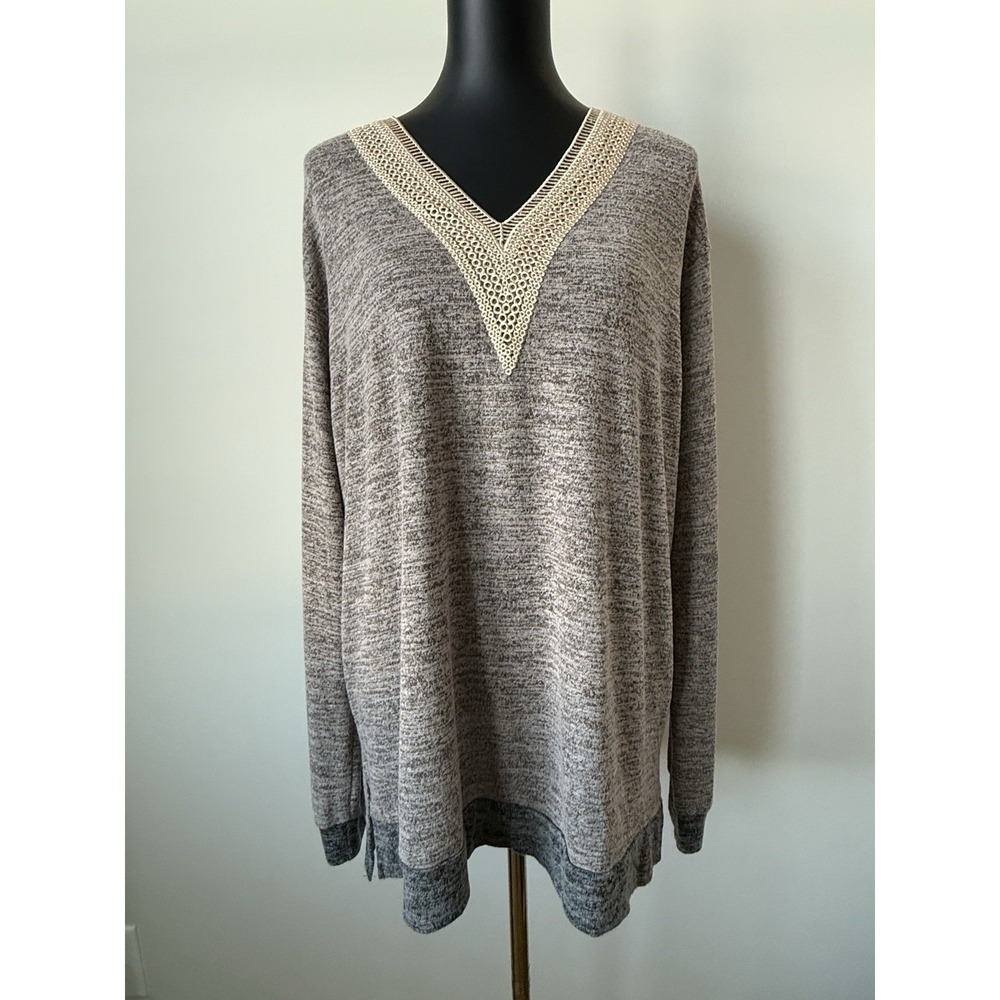 Halife Women's V-Neck Heathered Sweater Crochet Neckline Size 2X XXL Plus NWOT